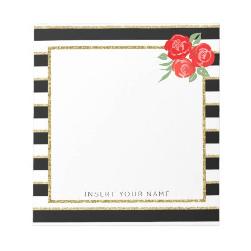 Black  Gold Stripes with Roses Notepad 55 x 6