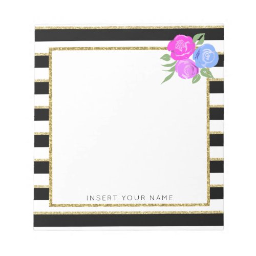 Black  Gold Stripes with Roses Notepad 55 x 6