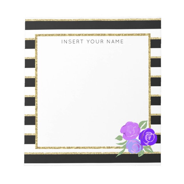 Black & Gold Stripes with Roses Notepad 5.5" x 6" (Front)