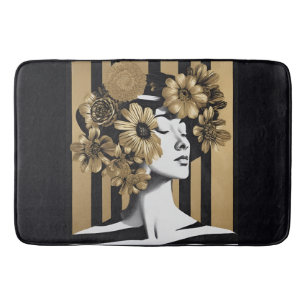 Black Gold Stripes Woman Flowers Bath Mat