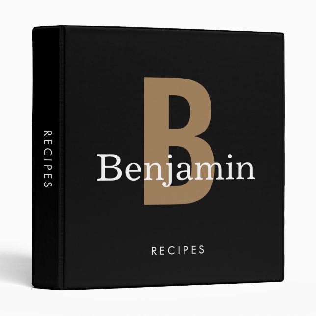 Black Gold Stylish Monogram Kitchen Recipe 3 Ring Binder (Front/Spine)