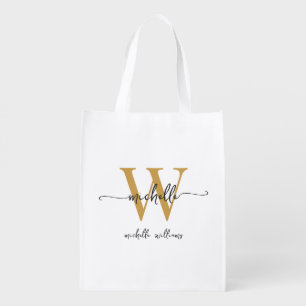 Black Gold Stylish Monogram Name Girly Script Grocery Bag