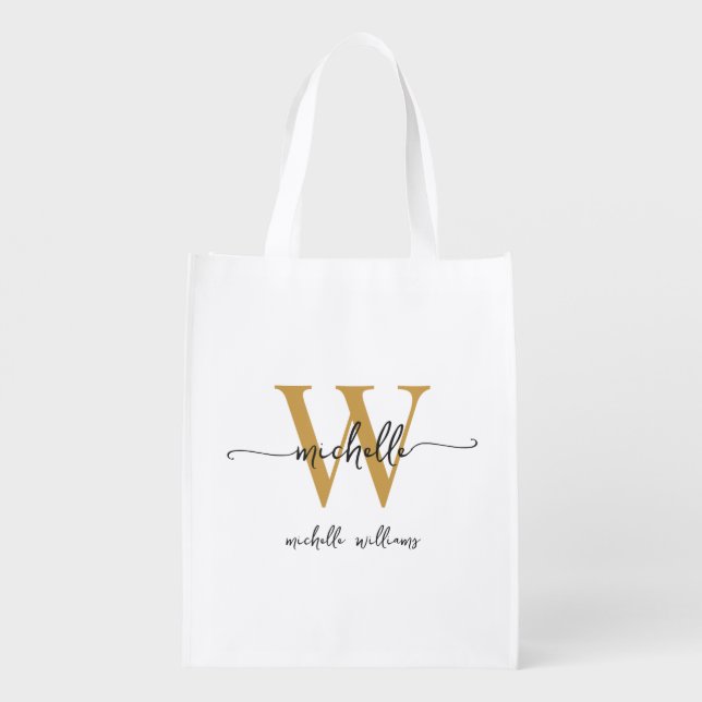 Black Gold Stylish Monogram Name Girly Script Grocery Bag (Back)
