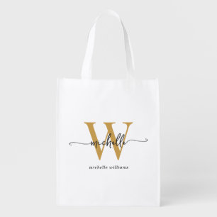 Black Gold Stylish Monogram Name Girly Script Grocery Bag