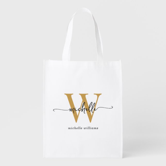 Black Gold Stylish Monogram Name Girly Script Grocery Bag (Front)