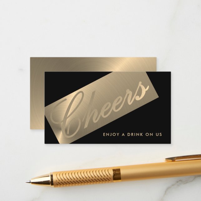 Black & Gold Stylish Script "Cheers" Drink Ticket Enclosure Card (Front/Back In Situ)