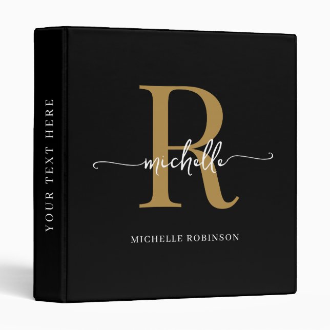 Black Gold Stylish Script Monogram Office School 3 Ring Binder (Front/Spine)