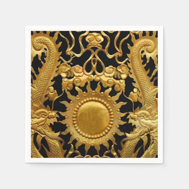 Black Gold Sun Asian Dragons Paper Napkins (Front)