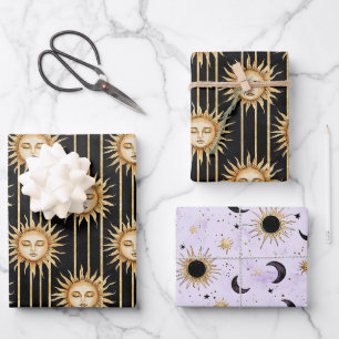Black Gold Sun Eyelashes Birthday Wrapping Paper Sheets