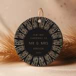 Black & Gold Sunburst Art Deco Our First Christmas Ceramic Ornament<br><div class="desc">A minimalist and retro art deco black and gold holiday collection,  with striking sunburst frames. Easily customizable with your name and milestone.</div>