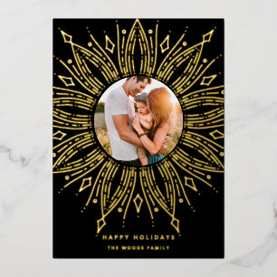 Black & Gold sunburst frame art deco photo Foil Holiday Card