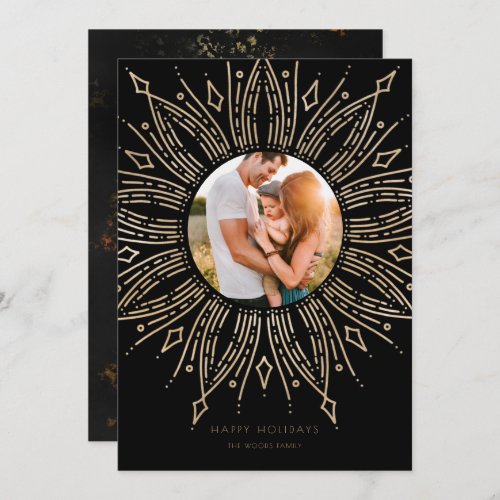 Black  Gold sunburst frame art deco photo Holiday Card