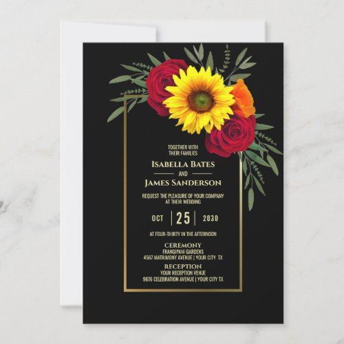 Black Gold Sunflower Burgundy Rose Wedding Invitation