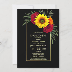 Black Gold Sunflower Rose Engagement Party Invitation