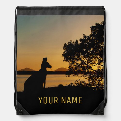 Black  Gold Sunset Kangaroo Tree Australia Drawstring Bag