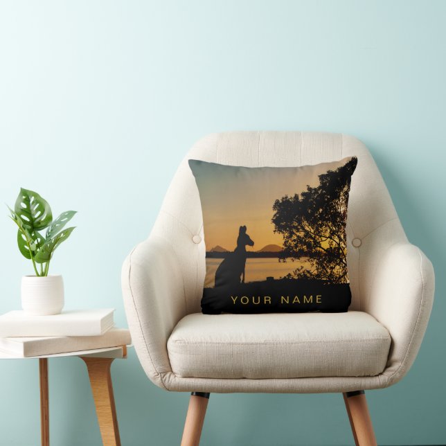 Black & Gold Sunset Kangaroo Tree Silhouette Throw Pillow (Chair)