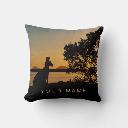 Black  Gold Sunset Kangaroo Tree Silhouette Throw Pillow