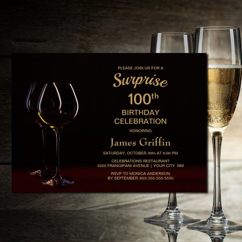 Black Gold Surprise 100th Birthday Wine Glass Invitation