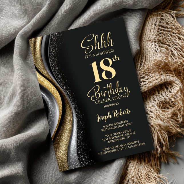 Black Gold Surprise 18th Birthday Party Invitation (Creator Uploaded)