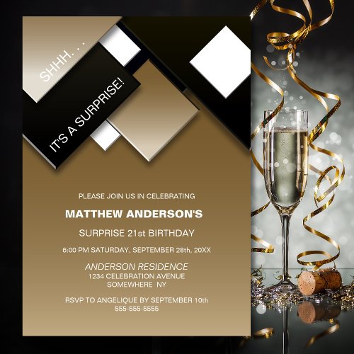 Black Gold Surprise 21st Birthday Party Invitation