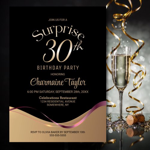 Black Gold Surprise 30th Birthday Party Invitation