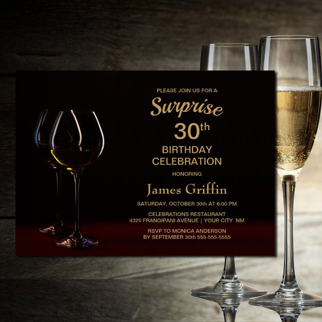 Black Gold Surprise 30th Birthday Wine Glass Party Invitation (Creator Uploaded)