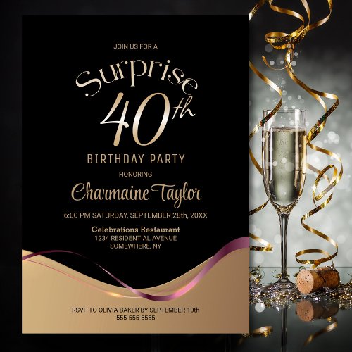 Black Gold Surprise 40th Birthday Party Invitation