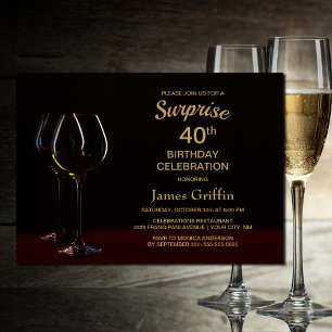 Black Gold Surprise 40th Birthday Wine Glass Party Invitation