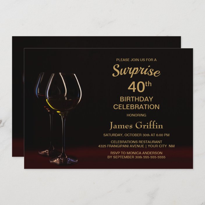 Black Gold Surprise 40th Birthday Wine Glass Party Invitation | Zazzle.com