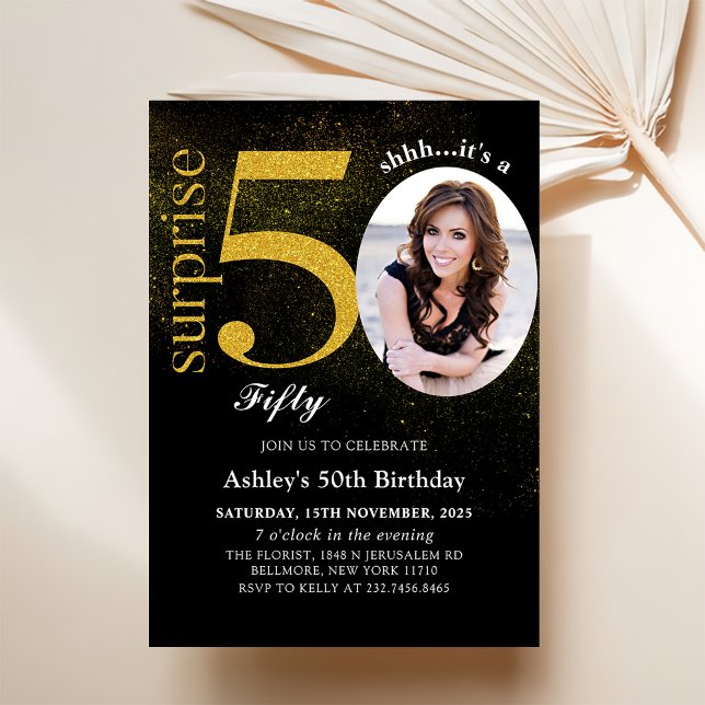Black Gold Surprise 50th Birthday Photo Invitation (Creator Uploaded)