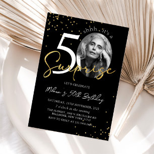 Black Gold Surprise 50th Birthday Photo Invitation