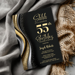 Black Gold Surprise 55th Birthday Party Invitation