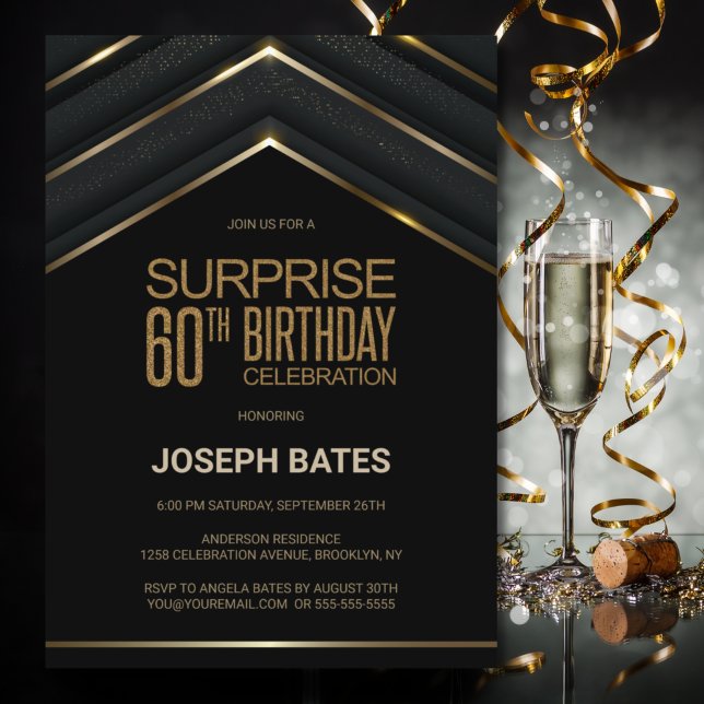 Black Gold Surprise 60th Birthday Invitation (Creator Uploaded)