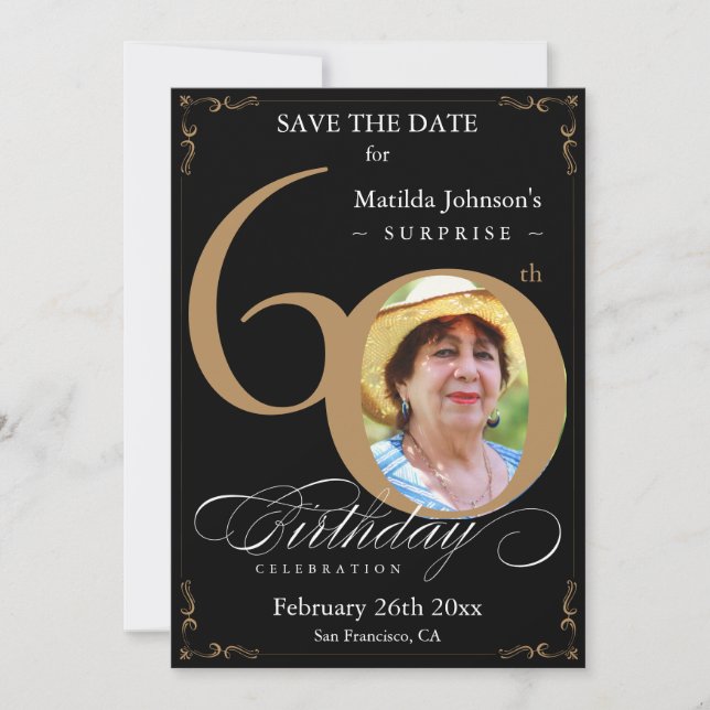 Black Gold Surprise 60th Birthday Save The Date Invitation (Front)