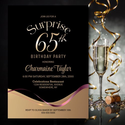 Black Gold Surprise 65th Birthday Party Invitation