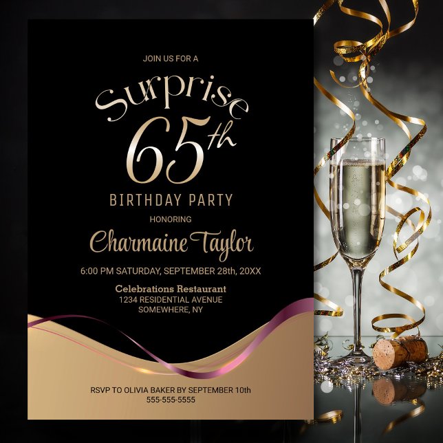 Black Gold Surprise 65th Birthday Party Invitation (Creator Uploaded)