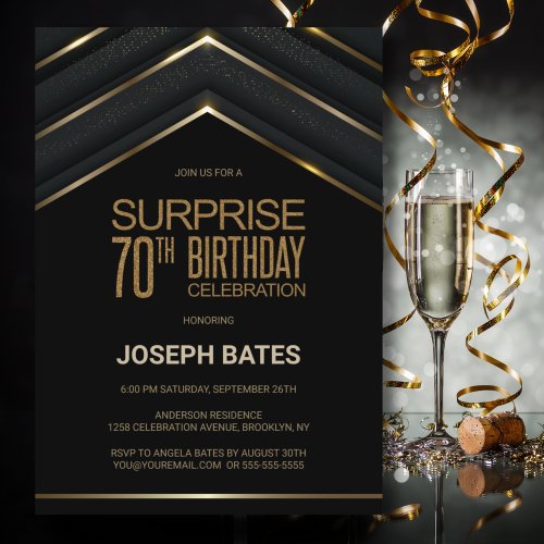 Black Gold Surprise 70th Birthday Invitation