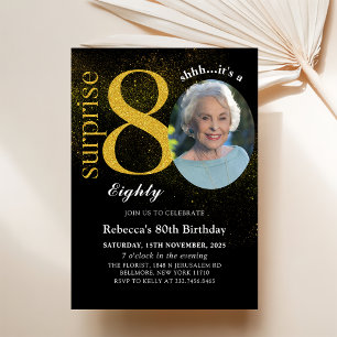 Black Gold Surprise 80th Birthday Photo Invitation