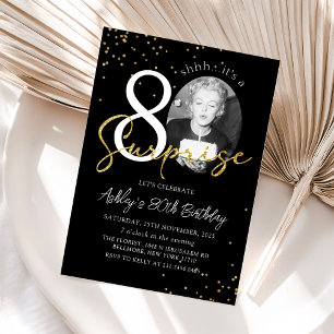 Black Gold Surprise 80th Birthday Photo Invitation