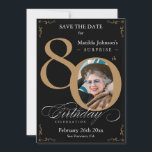 Black Gold Surprise 80th Birthday Save The Date Invitation<br><div class="desc">Black Gold Surprise 80th Birthday Save The Date Invitation. An elegantly designed special birthday celebration save the date featuring a custom photo of birthday person and script calligraphy with vintage flourish elements. Simple enough to fit a variety of themes and colors!
Need help? Simply contact me!</div>