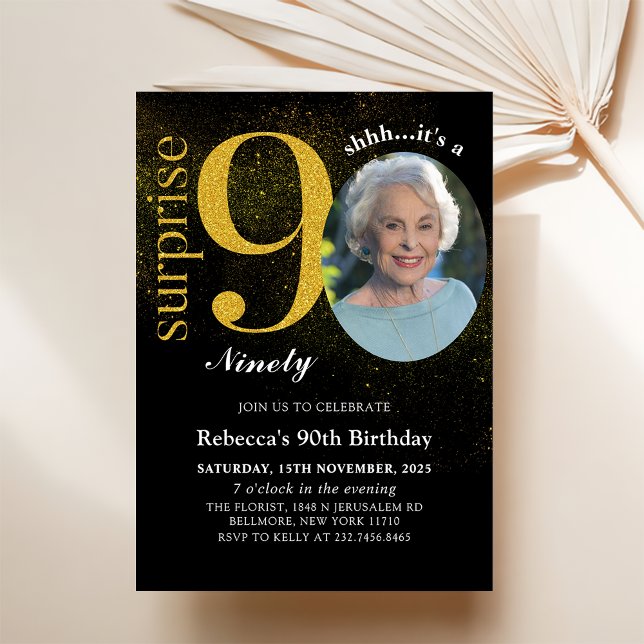 Black Gold Surprise 90th Birthday Photo Invitation (Creator Uploaded)