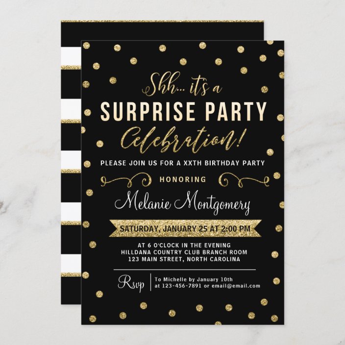 Black Gold Surprise Birthday Party Invitation | Zazzle.com