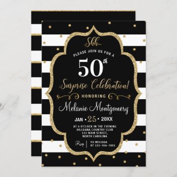 Black Gold Surprise Birthday Party Invitation by YourMainEvent at Zazzle