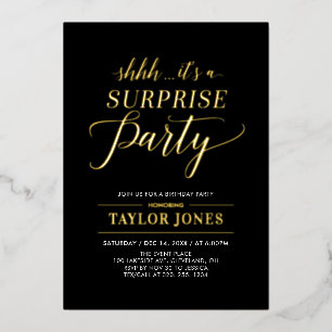 Black & Gold Surprise Milestone Birthday Party Foil Invitation