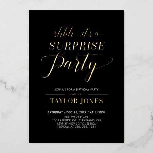 Black  Gold Surprise Milestone Birthday Party Foil Invitation