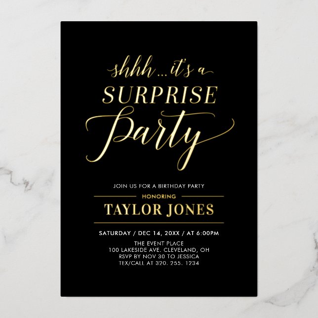 Black & Gold Surprise Milestone Birthday Party Foil Invitation (Front)