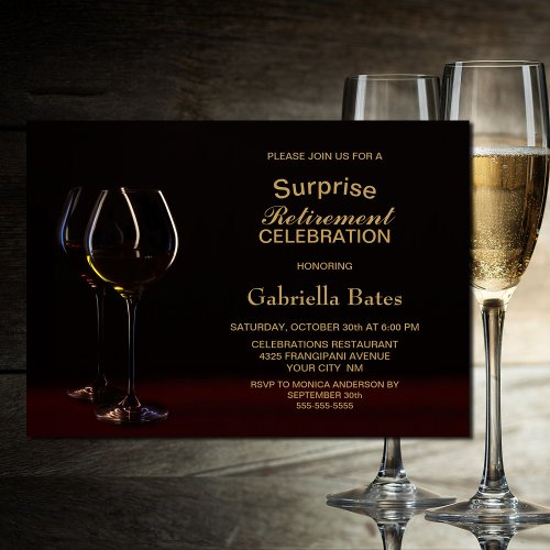 Black Gold Surprise Retirement Party Wine Glass Invitation