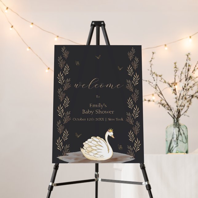 Black Gold Swan Butterfly Baby Shower Welcome Sign (In Situ (Stand))
