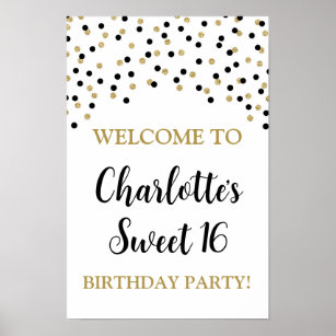 Black Gold Sweet 16 Birthday Custom 12x18 Poster