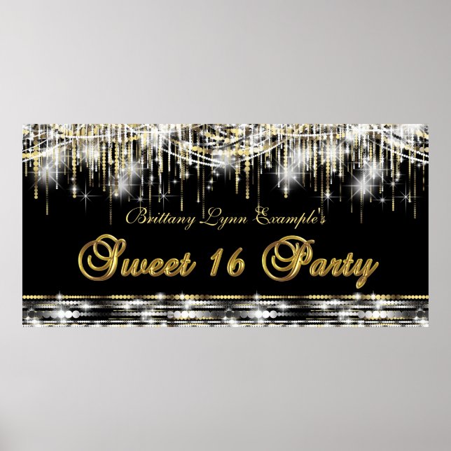 Black Gold Sweet 16 Birthday Party Banner Poster (Front)